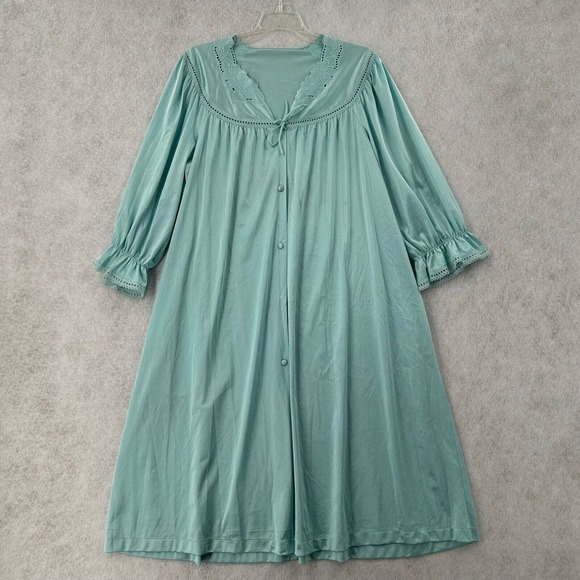 VTG‎ Vanity Fair Nightgown Womens LARGE Button Up Long Sleeve Nylon Teal Blue - Picture 1 of 9